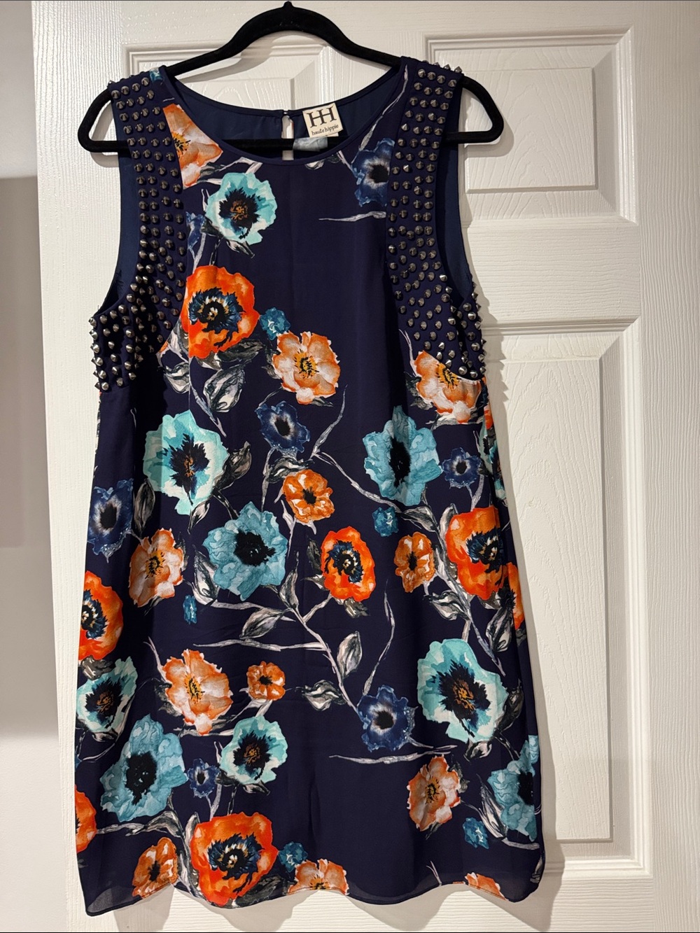 Haute hippie Floral A-Line Sleeveless Dress in Navy with Orange & Teal Flowers
